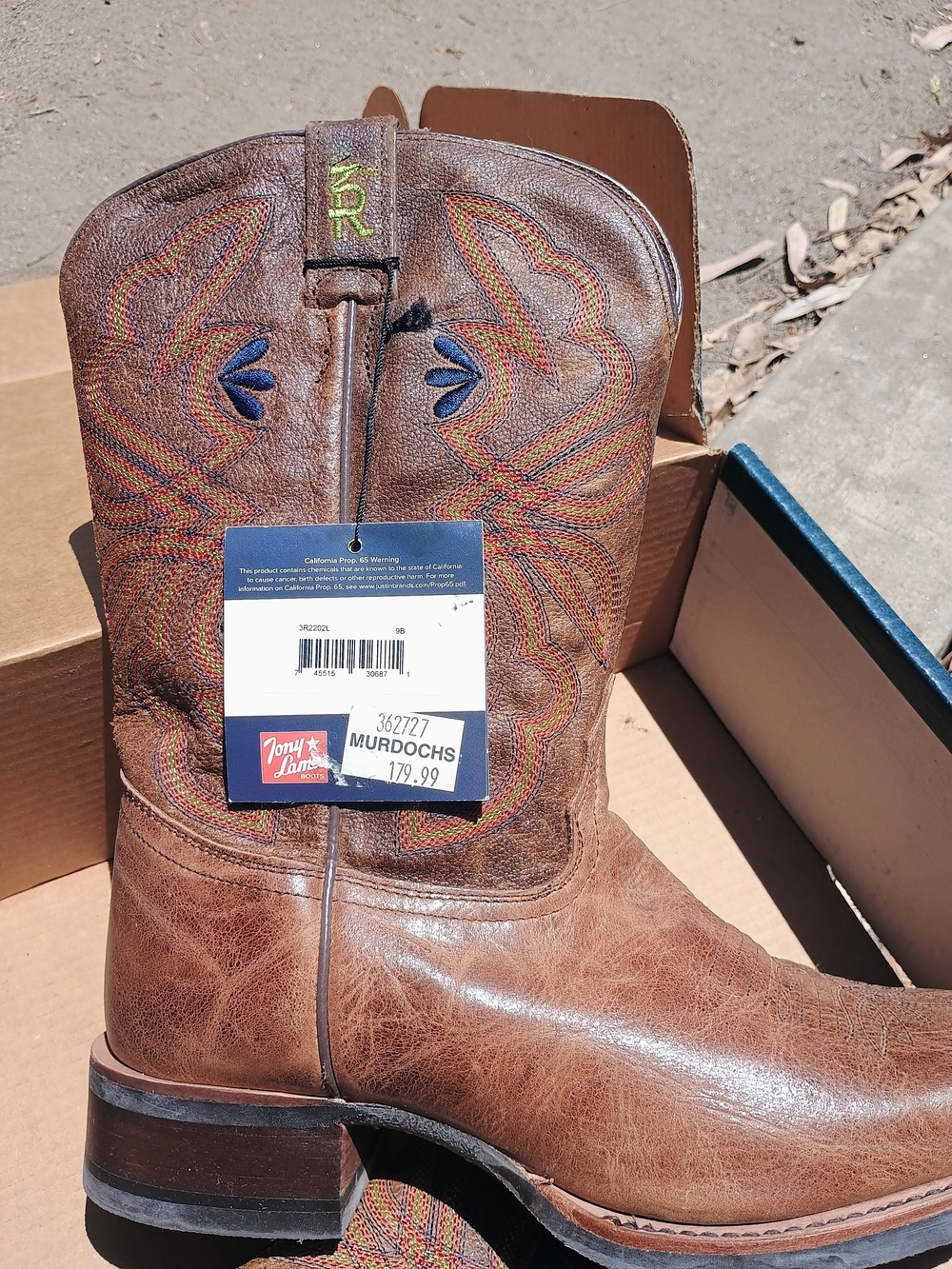 NWT Tony Lama Tan Brown 3R Leather Western Boots with Blue Embroidery